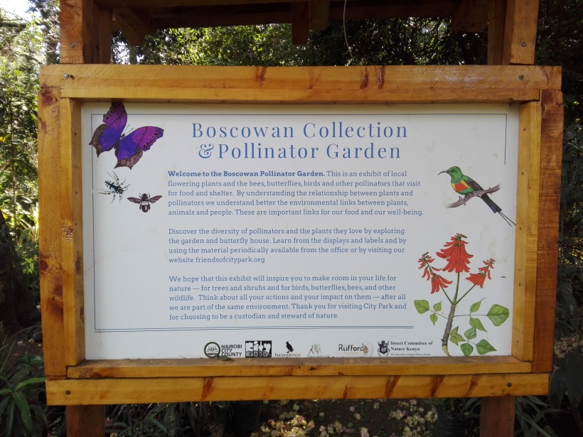 Information board at the pollinator garden at City PArk, Nairobi.